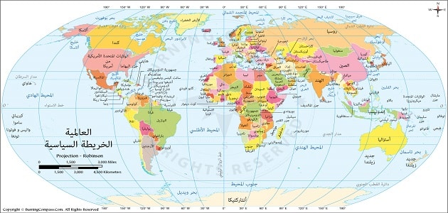 خريطة العالم باللغة العربية